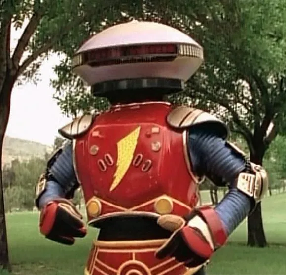 Power Rangers Alpha 5, the red robot with a yellow lightning symbol on the chest