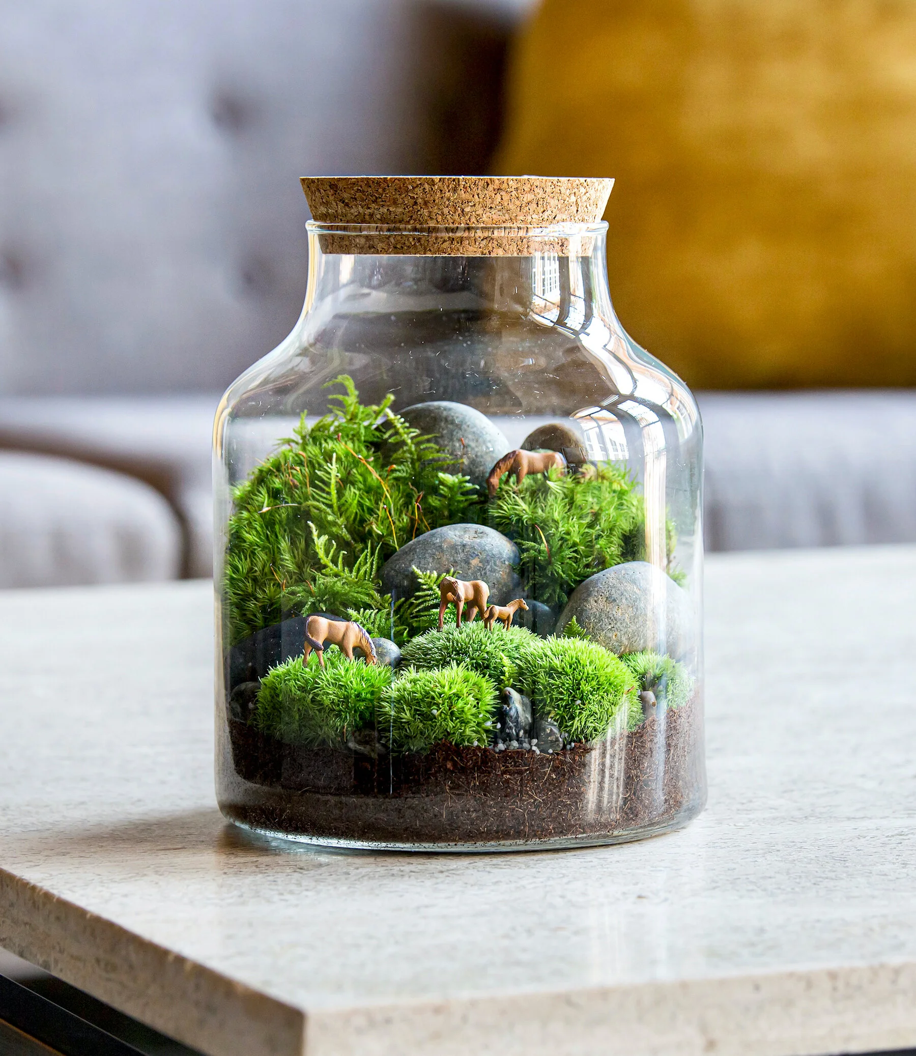Terrarium glass jar with some plants, soil, stones and plastic horses